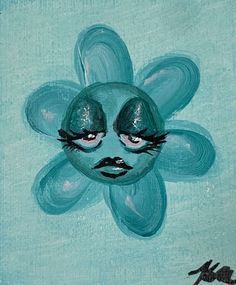 a painting of a blue flower with two eyes