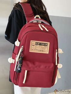 BirdinBag - Red Fashionable Letter Patch Classic Backpack with Release Buckle for School & Outdoor Activities Functional Red Backpack For School, Cute Backpack, School Backpack With Removable Pouch In Red, Maroon Backpack, Large Capacity Red Backpack, Red Themed Backpack Bag, Red Backpack For Students, Back To School, Outdoor School Activities, Cl Fashion