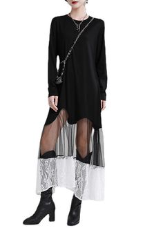 Organic Black Patchwork Lace Tulle Asymmetrical Design Fall Maxi Dress Long Sleeve Fall Maxi Dress, Long Fall Dresses, Fall Maxi, Vintage Boho Dress, Cozy Dress, Maxi Dresses Fall, Maxi Dress Long, High Waist Fashion, Asymmetrical Design