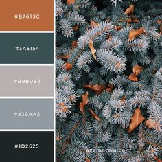 the color scheme is brown, grey and green with orange leaves on it's branches