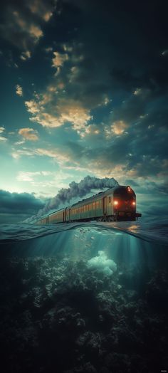 a train traveling through the ocean under a cloudy sky