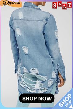 Winter Casual Blue Ripped Long Sleeve Long Jeans Coat Jackets Fashion Casual, Jeans Coat, Denim Jacket Fashion, Long Sleeve Casual Dress, Long Jeans, Turndown Collar, Fall Fashion Outfits, Casual Sets, Print Pullover