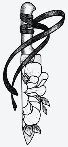 an ink drawing of a bottle with flowers on it and ribbon wrapped around the neck