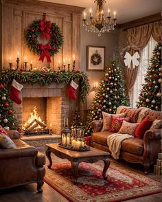 a living room decorated for christmas with stockings and wreaths