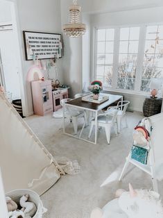 a child's playroom with a teepee tent and toys