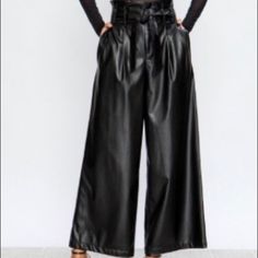 Faux Leather Pants With Pockets And Paper Bag Waist With Belt. Faux Leather High-waisted Pants With Pockets, Faux Leather Full-length Bottoms With Pockets, Solid High-waisted Faux Leather Pants, Luxury Faux Leather Full-length Pants, High-waisted Faux Leather Pants With Zipper Closure, Pants With Pockets, Faux Leather Pants, Pants Color, Leather Pants