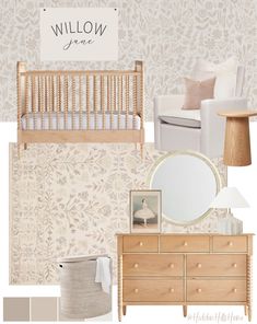 a baby's room with furniture and wallpapers, including a crib