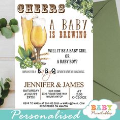 this is an image of a baby shower party with beer and green leaves on it