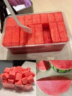 watermelon cubes in a plastic container with a fork stuck into one piece