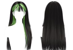 an anime wig with long black and green hair on the front, side and back views