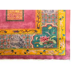 An unusual early 20th century Chinese Art Deco rug with a fuchsia ground surrounded by an unusually patterned border containing several floral cartouches alternating with puffs of billowing clouds with dragons swirling within. Over the field lives a large scholar's rock at the edge of a pond with several auspicious flowers. Chinese Art Deco Rug, Chinese Flower Pattern, Chinese Flower, Chinese Art Deco, Chinese Rug, Art Deco Rug, A Pond, Cute Room Decor, Chinese Art