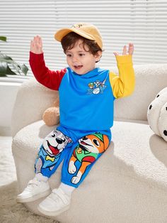 Multicolor  Collar   Cartoon,Graphic,Striped  Embellished Slight Stretch  Baby Boys Clothing Playful Winter Sets For Playtime, Blue Playful Character Print Sets, Playful Winter Playtime Sets, Playful Winter Playwear Sets, Multicolor Cotton Play Sets, Blue Long Sleeve Sets With Character Print, Blue Character Print Long Sleeve Sets, Fun Multicolor Sets With Character Print, Playful Multicolor Character Print Sets