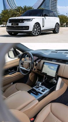 the interior and dashboard of a white range rover parked in front of a modern building