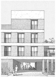 an architectural drawing of a building with balconies on the second floor and people walking around