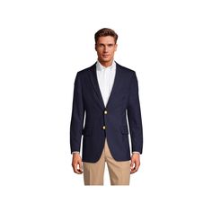 This men's Lands' End tailored fit hopsack blazer is warm, versatile and shakes off wrinkles for all-day wear. This men's Lands' End tailored fit hopsack blazer is warm, versatile and shakes off wrinkles for all-day wear. FEATURES Button-front Long sleeves Padded shoulders Felt-lined collar to lie smoothly 2 flap patch pockets; 1 welt chest pocket Back vent for breathability and ease of movement Vented hemlineFIT & SIZING Tailored fit: slimmer through the body but not tightFABRIC & CARE Polyeste Navy Blazers, Navy Blue Blazer, Shake It Off, Tailored Jacket, Navy Color, This Man, Black Jacket, Lands End, Deep Blue