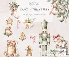 watercolor christmas clipart set with nutcracker, teddy bear and other items