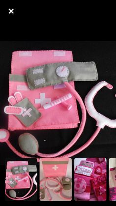 the contents of a medical kit are shown in pink and grey colors, including scissors, stethoscopes