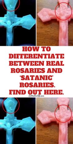 three different pictures of a cross with the words how to definate between real rosarys and satanic rosaies find out here