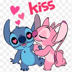 two cartoon characters hugging each other with the words kiss on top of them in pink and blue