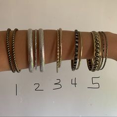 - Brand New; Never Worn - Total Of 5 Sets Of Bracelets Handcrafted Silver Bangle, Adjustable Silver Stackable Jewelry, Silver Stacked Jewelry Gift, Adjustable Silver Bracelets With Unique Variations, Silver Adjustable Bracelets With Unique Variations, Stackable Metal Cuff Bracelet For Party, Stackable Metal Bangle Beaded Bracelets, Stackable Metal Beaded Bangle Bracelets, Metal Stackable Beaded Bangle Bracelets