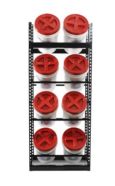 several red and white containers are stacked up on a metal shelving rack with wheels