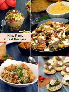 various pictures of different types of food on plates and in bowls, with text overlay that reads kitty party chat recipes