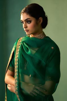 Green habutai silk lehenga with dori, marori and zardosi hand embroidery. Comes with a blouse and an organza dupatta. - Aza Fashions Lehenga And Blouse, Lehenga Pattern, Green Lehenga, Lehenga Blouse, Haldi Ceremony, Ethnic Looks, Silk Lehenga, Organza Dupatta, Bridal Gold Jewellery