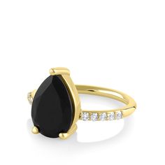 Marrow Fine Jewelry Black Onyx White Diamond Solid Gold Stacking Ring Luxury Onyx Diamond Ring, Black Teardrop Wedding Rings, Classic Black Onyx Diamond Ring, Classic Black Pear-shaped Jewelry, Elegant Onyx Rings With Black Enamel, Black Onyx Stackable Ring, Fine Jewelry Yellow Gold Onyx Rings, Black Pear-shaped Ring For Anniversary, Marrow Fine