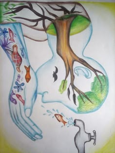 a drawing of two hands touching each other with tree roots on their arms and water dripping from the faucet