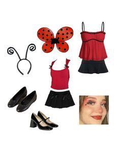 a woman's red top, black skirt and shoes with ladybug hair clips