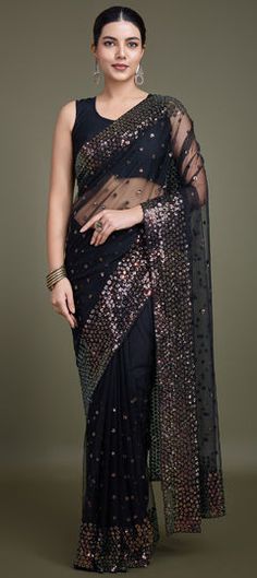 Black and Grey color Saree in Net fabric with Embroidered, Sequence, Thread work Embroidered Blouse Piece For Diwali Evening, Embroidered Saree For Eid Evening, Bollywood Style Embroidered Evening Saree, Embroidered Saree For Evening And Eid, Evening Embroidered Semi-stitched Saree, Embroidered Evening Saree For Eid, Embroidered Evening Saree For Festivals, Black Embroidered Blouse Piece For Festive Occasions, Embroidered Party Wear Saree For Celebration