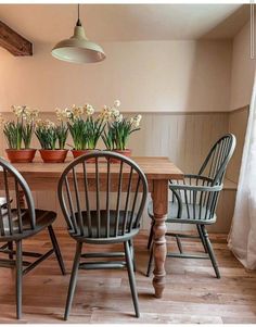 a dining room table with chairs and potted flowers on it's centerpiece