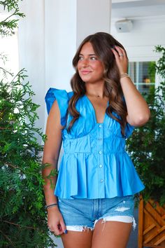 The top of the summer! pair with some white jeans for the perfect look! Underwire detailing flutter sleeve button down closure Affordable Blue Smocked Top With Ruffles, Cheap Blue Smocked Top With Ruffles, Cheap Denim Top With Ruffles For Summer, Affordable Blue Vacation Blouse, Classy Blouses, Hot Clothes, Senior Style, Blue Shirts, Church Outfits