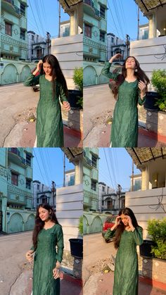 a collage of photos shows a woman in a green dress with her hands on her hair