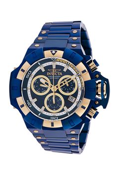 This impressive Invicta Akula watch features a Quartz movement, all in a solid blue case. Its blue metal dial is enclosed by a highly protective Flame Fusion Crystal. This watch is finished by a strong blue, gold stainless steel band, and it offers 100m water resistance.The vast power of the Akula claims notoriety. This professional Swiss-made master is armed with an impenetrable casing and a shock resistance of 28.8000vph. The Akula forged its mighty way forward, loaded with the capacity and lo Mens Invicta Watches, Nice Watches, Oyster Pearl, Best Watches For Men, Invicta Watches, Blue Cases, Buy Watches, Best Watches, Perry Ellis