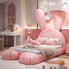 a bedroom with pink furniture and accessories in it's decorating style, including a bed that is shaped like a bunny