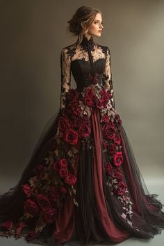 Black Dress Gothic Beautiful, Dark Theme Wedding Dress, Dark Gown Aesthetic, Vampire Princess Dress, Crimson Wedding Dress, Bridesmaid Dresses Gothic, Dark Fairy Wedding Dress, Goth White Wedding Dress, Dark Fantasy Wedding Dress