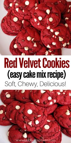 red velvet cookies with white chocolate chips on top and in the middle text reads easy cake mix recipe soft, chewy, delicious