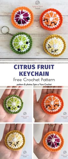 crochet keychain with four different faces on it and the text, citrus fruit keychain