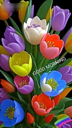 colorful flowers are in a vase with the words good morning on it's side