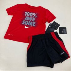 New 2 Pieces Included Red Cotton Short Sets, Playful Red Cotton Shorts, Red Shorts For Summer Playtime, Red Playwear Sets For Summer, Casual Red Shorts For Playtime, Red Summer Playwear Sets, Red Casual Playtime Sets, Playful Nike Cotton Bottoms, Playful Cotton Bottoms By Nike