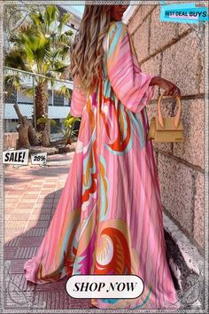 My Dearest Darling Rainbow Maxi Dress Spring Holiday A-line Dress, Spring Holiday Printed Maxi Dress, Pink A-line Maxi Dress For Spring, Printed Maxi Dress For Spring Holiday, Pink Printed A-line Maxi Dress, Casual Long Sleeve Maxi Dress For Holiday, Spring Holiday Maxi Dress, Pink Maxi Dress For Spring Holiday, Retro Multicolor Maxi Dress For Spring