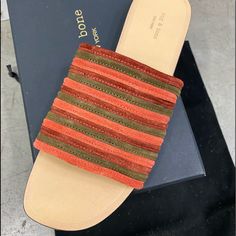 Multi Brown Sandals With Red Sole For Summer, Summer Brown Sandals With Red Sole, Casual Red Summer Mules, Summer Slip-on Mules With Red Sole, Red Mules With Removable Insole For Summer, Red Slip-on Mules For Summer, Red Suede Sandals For Spring, Beach Sandals With Red Sole And Flat Heel, Red Suede Round Toe Sandals