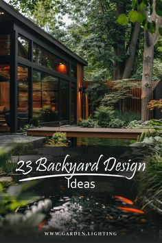 a picture of a pond with a wooden deck and a small pond with koi fish Backyard Themes Ideas, Large Backyard Ideas Layout Entertaining, Tranquil Backyard Ideas, 1 Acre Backyard Ideas, Unique Backyard Ideas, Large Backyard Ideas Layout, Big Backyard Ideas, Backyard Styles, Backyard Layouts