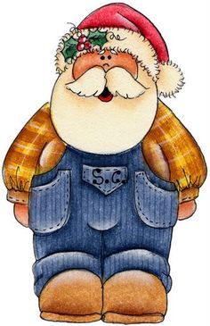 a watercolor drawing of a santa clause wearing overalls