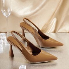 Lasaky - Chic High Heel Pointed Toe Sandals with Open Back in Solid Color Dark Brown Heels, Chic High Heels, Faux Leather Heels, Brown Heels, Toe Sandals, Slingback Sandal, Toe Designs, Party Shoes, Leather Heels