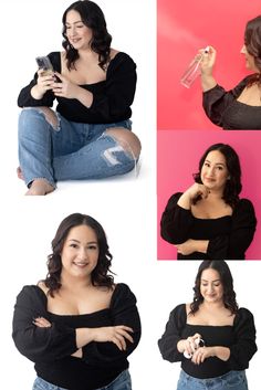 four different pictures of a woman sitting on the floor with her arms crossed and holding a cell phone