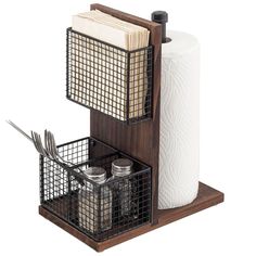 a wooden holder with two metal baskets holding utensils and napkins on it