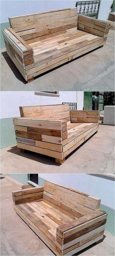 the wooden couch is made out of pallets and has been placed on top of each other