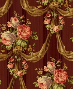 a floral wallpaper with roses and gold ribbons